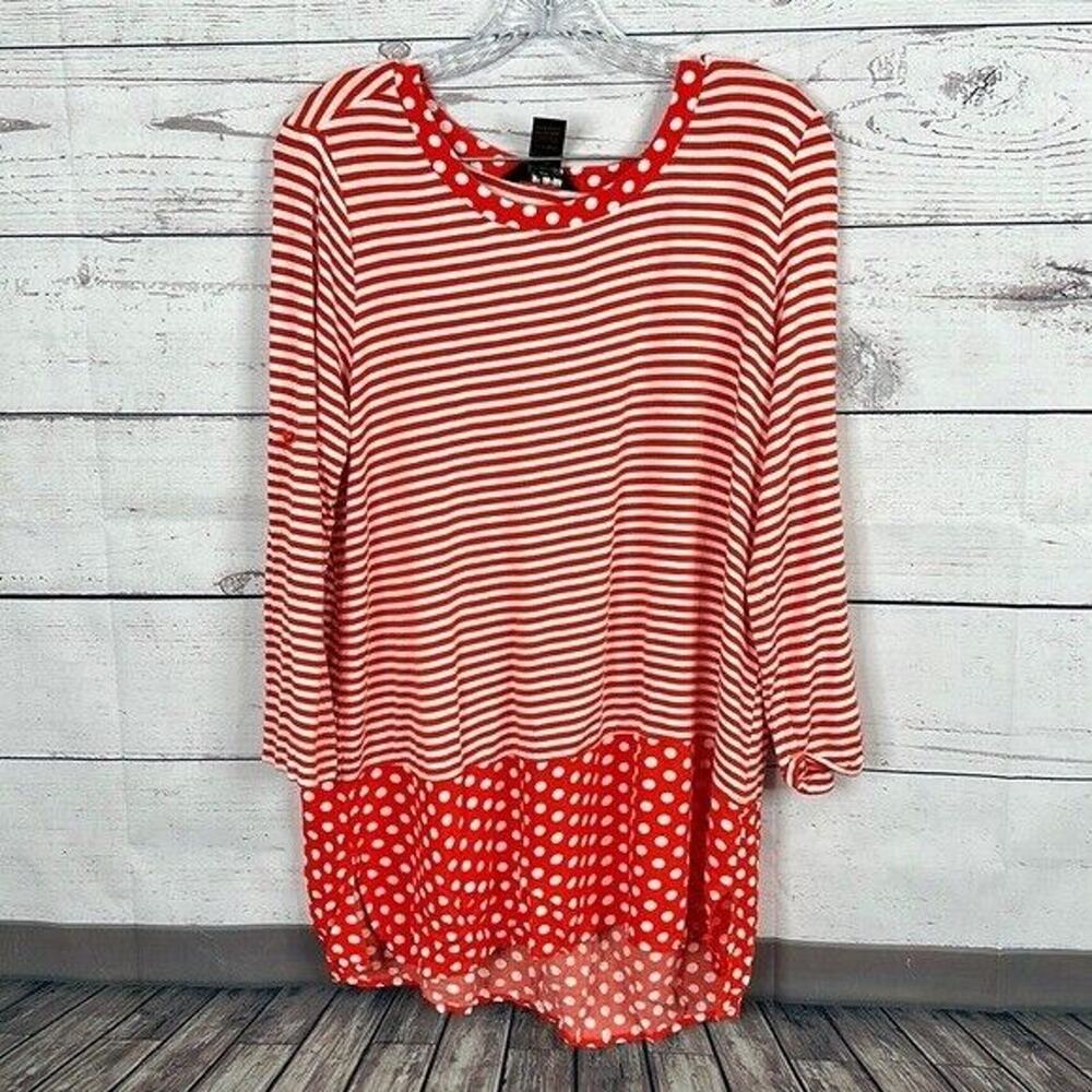 Ali Miles Top Shirt Womens Medium Orange White Stripe Polka dot Tunic Art Casual - Picture 1 of 12